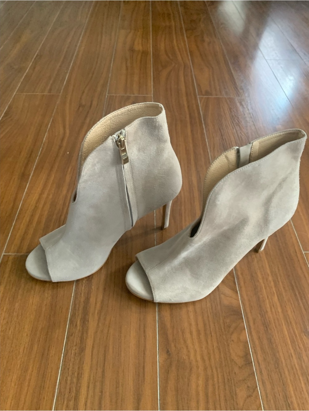 Suede Peep-Toe Ankle Booties in Taupe
